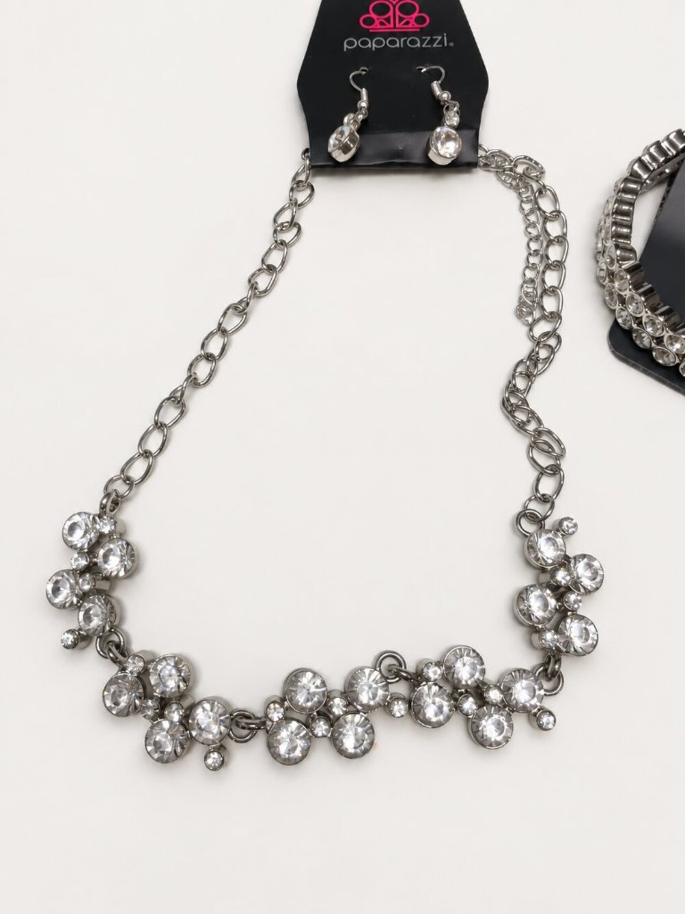 Paparazzi Clear Rhinestone Silver Tone Necklace Set Earrings Bracelet Bundle